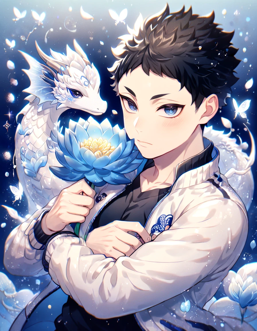 absurdres, highres, ultra detailed, HDR, master piece, best quality, Akaashi Keiji, black hair, expressive dark blue eyes, haikyuu, solo, sexy man, handsome, toned chest, hugging a white dragon, white jacket, black shirt, patterns, magical, fantasy, blue background, blue lotus, shining, blue petals, blue glittering butterflies