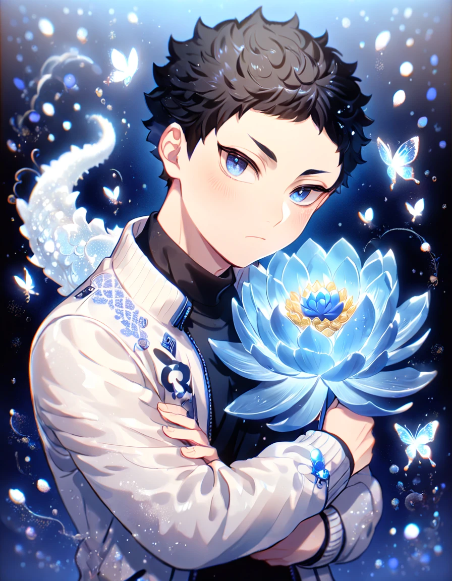 absurdres, highres, ultra detailed, HDR, master piece, best quality, Akaashi Keiji, black hair, expressive dark blue eyes, haikyuu, solo, sexy man, handsome, toned chest, hugging a white dragon, white jacket, black shirt, patterns, magical, fantasy, blue background, blue lotus, shining, blue petals, blue glittering butterflies