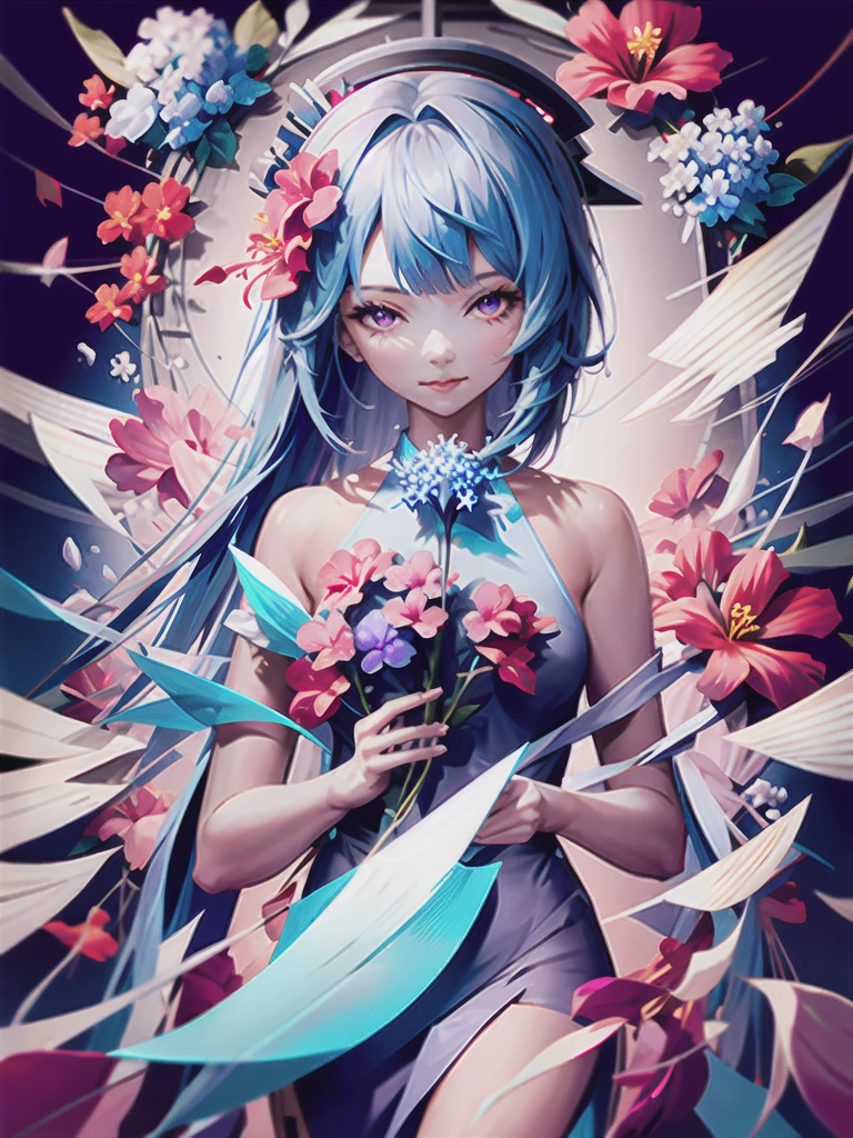 1girl, blue_hair,  bangs, bare_shoulders, black_gloves, blue_flower, bow, breasts, camellia, covering_mouth, daisy, eyebrows_visible_through_hair, floral_background, flower, flower_\(symbol\), ganyu_\(genshin_impact\), gloves, hair_flower, hair_ornament, hat_flower, hibiscus, holding_flower, hydrangea, lily_\(flower\), long_hair, looking_at_viewer, lotus, petals, pink_flower, purple_eyes, purple_flower, red_flower, smile, snowflake_background, snowflakes, solo, upper_body, white_background, white_flower 