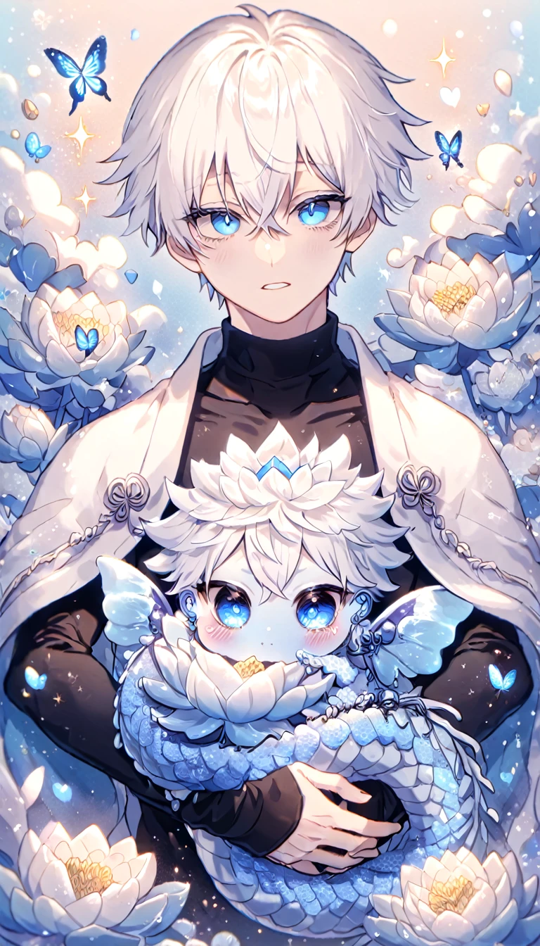 Ultra detailed, Highres, absurdres, HDR, Gojo Satoru, white hair with bangs, expressive blue eyes, hair between the eyes, white eyelashes, white haori with patterns, Jujutsu Kaisen, black tight shirt, fantasy, glittering blue butterflies, petals, handsome, sexy man, very detailed eyes and face, master piece, glittering, blue lotus, blue sapphire background, hugging a blue dragon, cute, love, magical, toned chest
