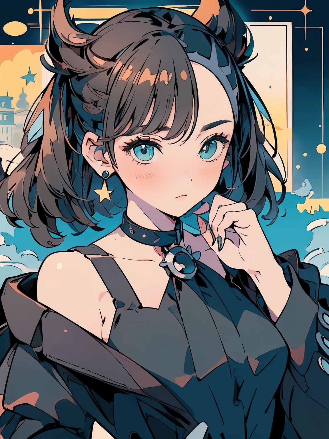 ((best quality)), ((masterpiece)), (detailed), perfect face, young girl, black hair, bangs, green eyes, black dress, romantic, soft smile, ((village)), looking at viewer, portrait, flat, ribbons, ((marnie pokemon)), (detail eyes), (shy), (perfect eyes), ((very shy)), blushing, ((night)),(facial closeups：1.2), ((stars)), ((perfect anatomy))