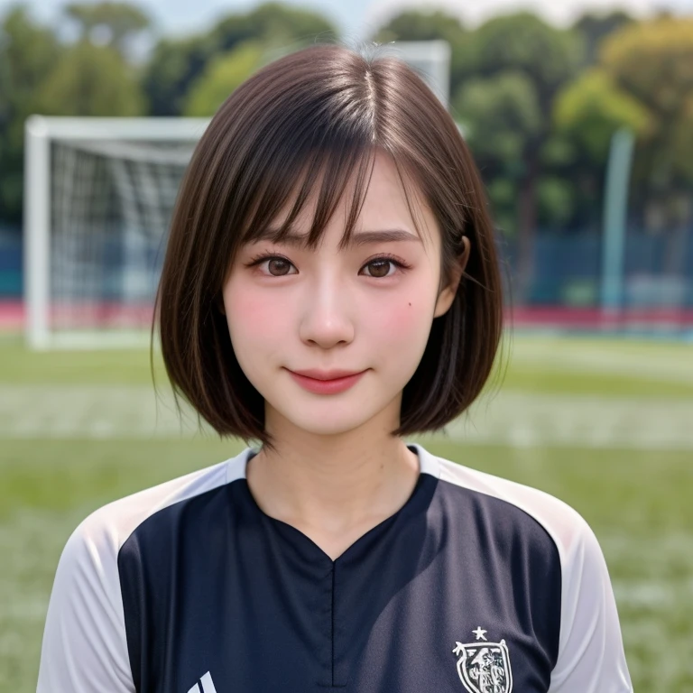 (kawaii 24 year-old Japanese girl, Nogizaka idol, Korean idol, soccer player), healthy female athlete body, (glossy black hair, very short hair, bangs:1.3), beautiful black eyes, rounded face, single eyelid, (no makeup:1.2), (soft smiling:1.2), (soccer uniform:1.3), extra small breasts, BREAK, (park background, summer daytime:1.2), (dynamic angle, bust shot:1.2), BREAK, (masterpiece, best quality, photo realistic, official art:1.4), (UHD, 8K quality wallpaper, high resolution, raw photo, golden ratio:1.3), (shiny skin), professional lighting, physically based rendering, award winning, (highly detailed skin texture, extremely detailed face and eyes textures), Carl Zeiss 85 mm F/1.4, depth of field, (1girl, solo),