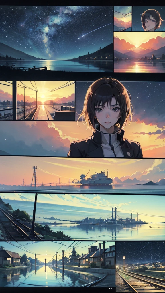 comic strip，Cartoon Split（4 or 5 or 6 tiles），Storyboard，Masterpiece, Anime train passing through bodies of water on tracks, Bright starry sky. Romantic train, Makoto Shinkai's picture, Pisif, concept-art, Lofi art style, Reflection. By Makoto Shinkai, Lofi art, beautiful anime scenes, Anime landscape, Detailed scenery —width 672, in the style of makoto shinkai, Makoto Shinkai's style, Enhanced detail.