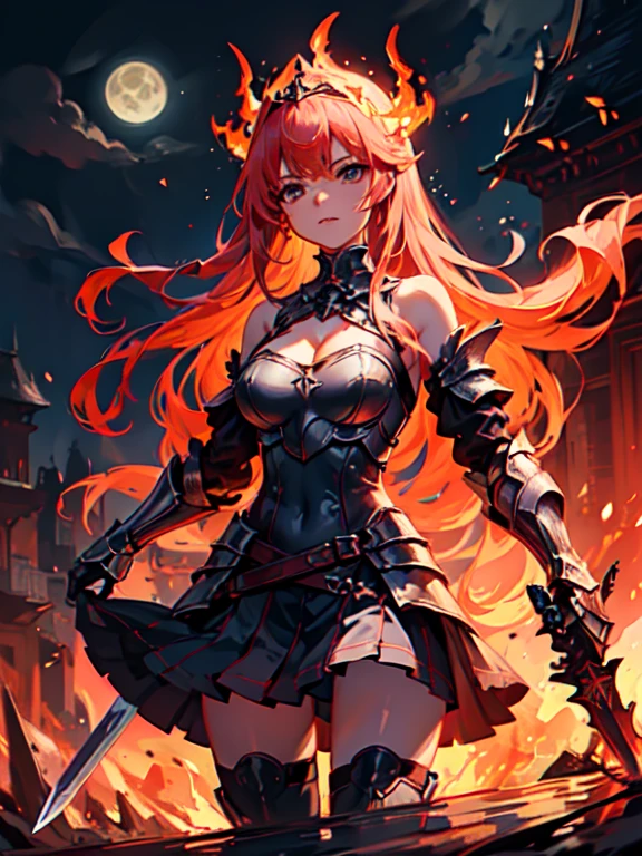 (masterpiece), best quality, fantasy art, 1girl, a girl in metal armor holding sword, ((sword of flame)), ((close-up of sword)), (huge sword), PlantedSword,(holding sword). pink_dress, white_armor,cropped shoulders armor, plate armor, armor dress,gauntlets, red hair, long hair, tiara,cleavage, thighs, thighhighs,glaring, weapeon, (sword:1.3),PlantedSword, full moon