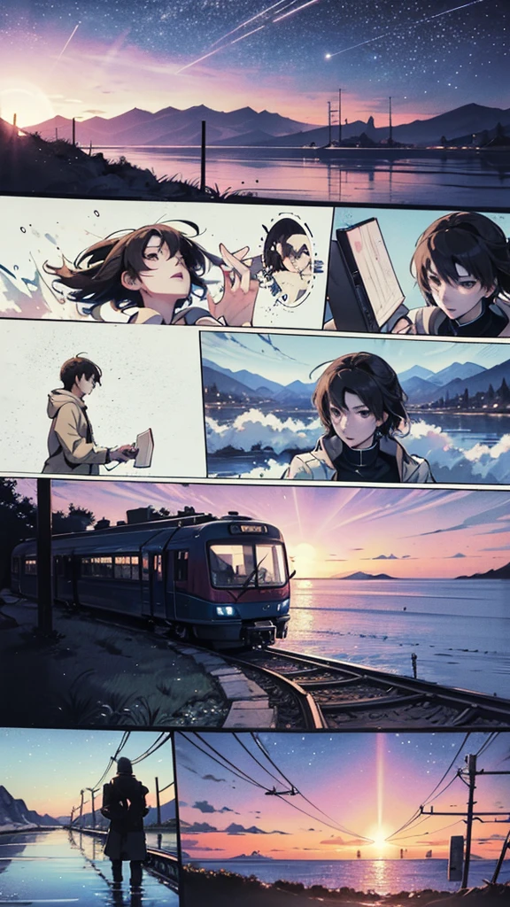 comic strip，Cartoon Split（4 or 5 or 6 tiles），Storyboard，Masterpiece, Anime train passing through bodies of water on tracks, Bright starry sky. Romantic train, Makoto Shinkai's picture, Pisif, concept-art, Lofi art style, Reflection. By Makoto Shinkai, Lofi art, beautiful anime scenes, Anime landscape, Detailed scenery —width 672, in the style of makoto shinkai, Makoto Shinkai's style, Enhanced detail.