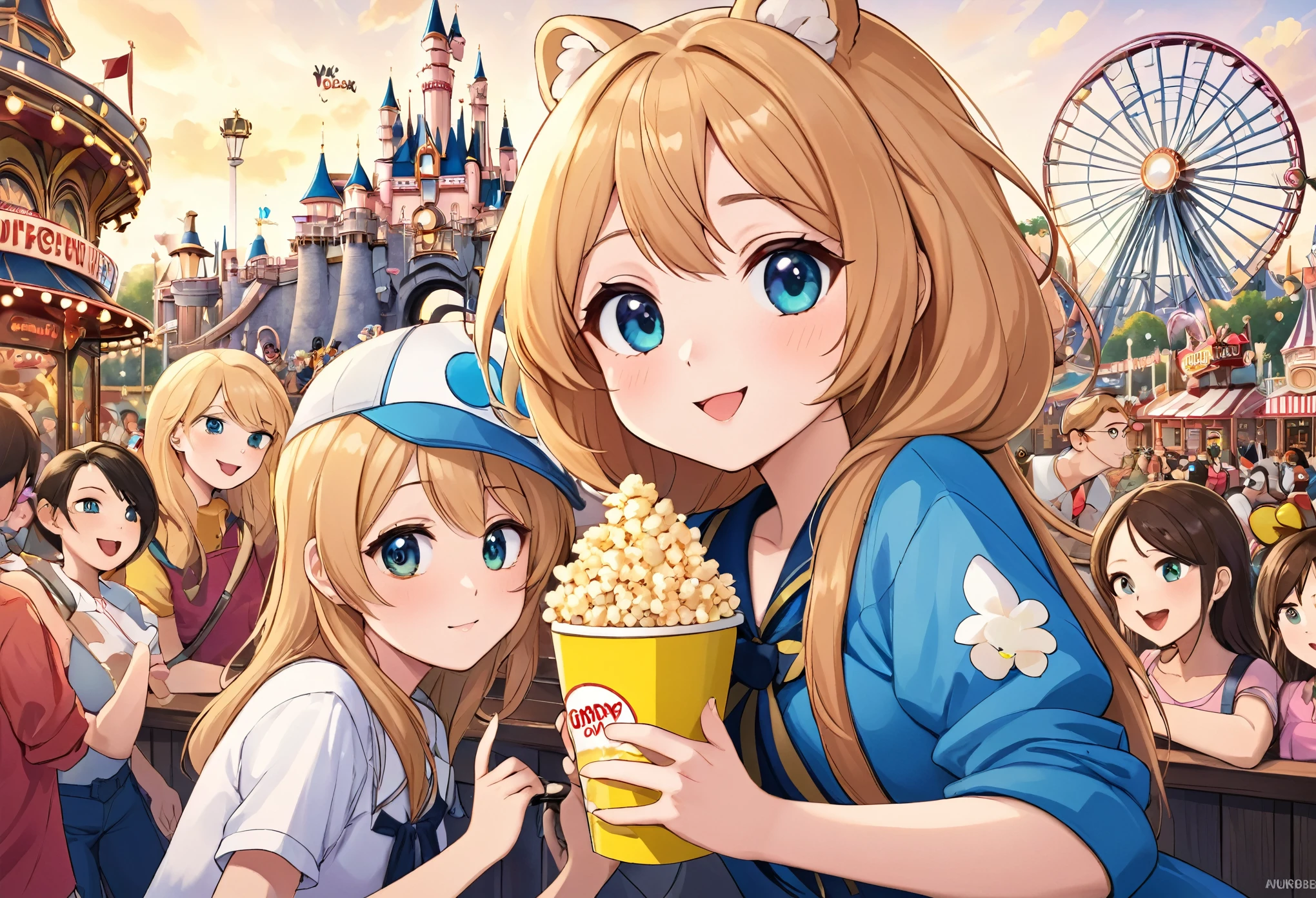 highest quality, highest quality, High-quality illustrations, masterpiece, Ultra-high resolution, Detailed Background, Detailed Background, Popcorn、amusement park, Disneyland, Group shot:0.5, 6+boy, 6+girl, Popcornを持っている、Happy, Joyful, Absurd(Very exquisite beautiful face and eyes)Perfect Anatomy(A photo I took with my friends)(kemono, Furry Personification)Selfie:0.5,