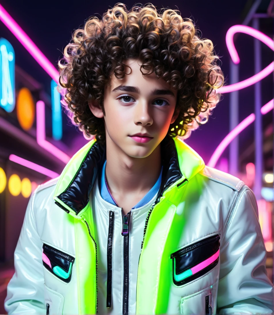 Boy, teenager, brunette, curly hair, white jacket with neon details, cartoon, Maxwell Atoms Style 