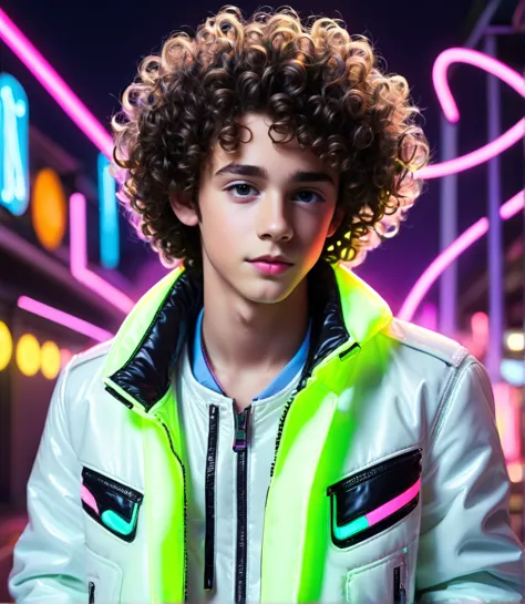 boy, teenager, brunette, curly hair, white jacket with neon details, cartoon, maxwell atoms style