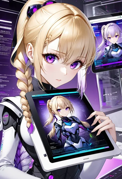 best quality, super fine, 16k, incredibly absurdres, extremely detailed, delicate and dynamic, communication between a female superior with a blonde ponytail and a female cyber warrior on a tablet screen, (purple eyes and braided low twin tails with gradient from white to purple at the ends), background analyzer room lab, various image effects