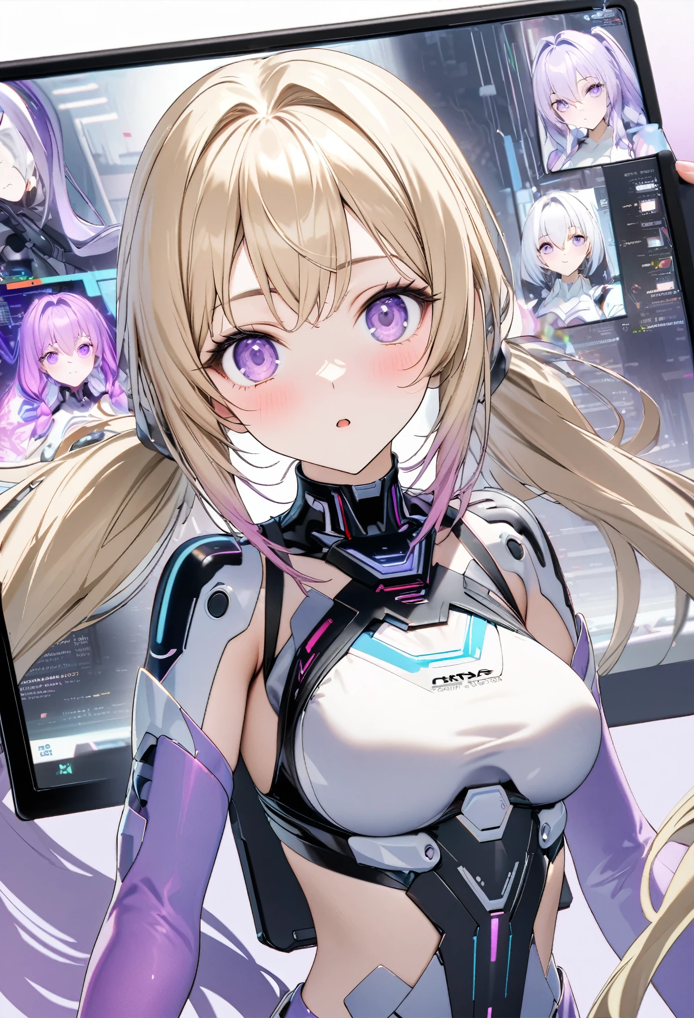 best quality, super fine, 16k, incredibly absurdres, extremely detailed, delicate and dynamic, communication between a female superior with a blonde ponytail and a female cyber warrior on a tablet screen, (purple eyes and braided low twin tails with gradient from white to purple at the ends), background analyzer room lab, various image effects