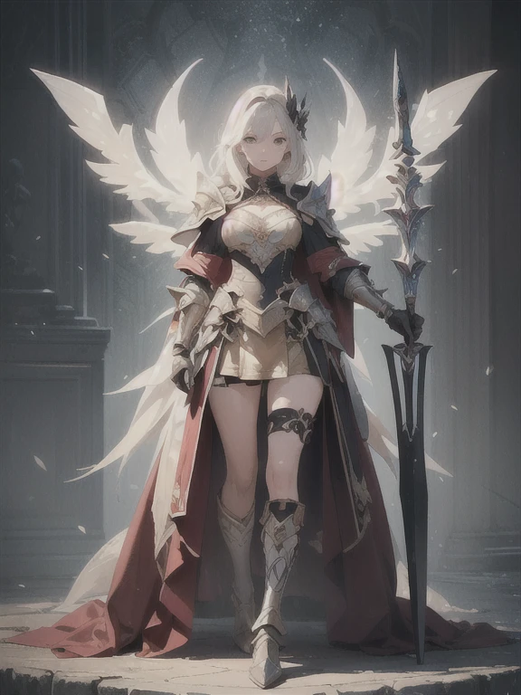 Design a layout showcase Gaming character, (1girl). Golden+Purle clothes, stylish and unique, ((showcase weapon:1.4)), magic staff, (masterpiece:1.2), (best quality), 4k, ultra-detailed, (Step by step design, layout art:1.5), (luminous lighting, atmospheric lighting), magican, ((glove full hands)), (((revealing clothes:1.3))), vambraces, armored legwear, (((full_body_shot:1.4)))
