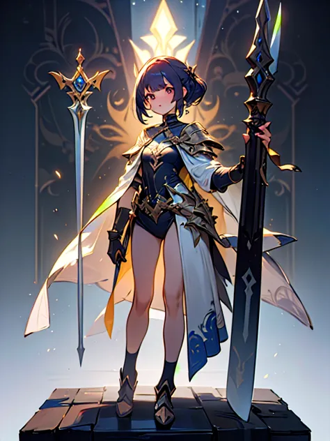 design a layout showcase gaming character, (1girl). golden+purle clothes, stylish and unique, ((showcase weapon:1.4)), magic sta...