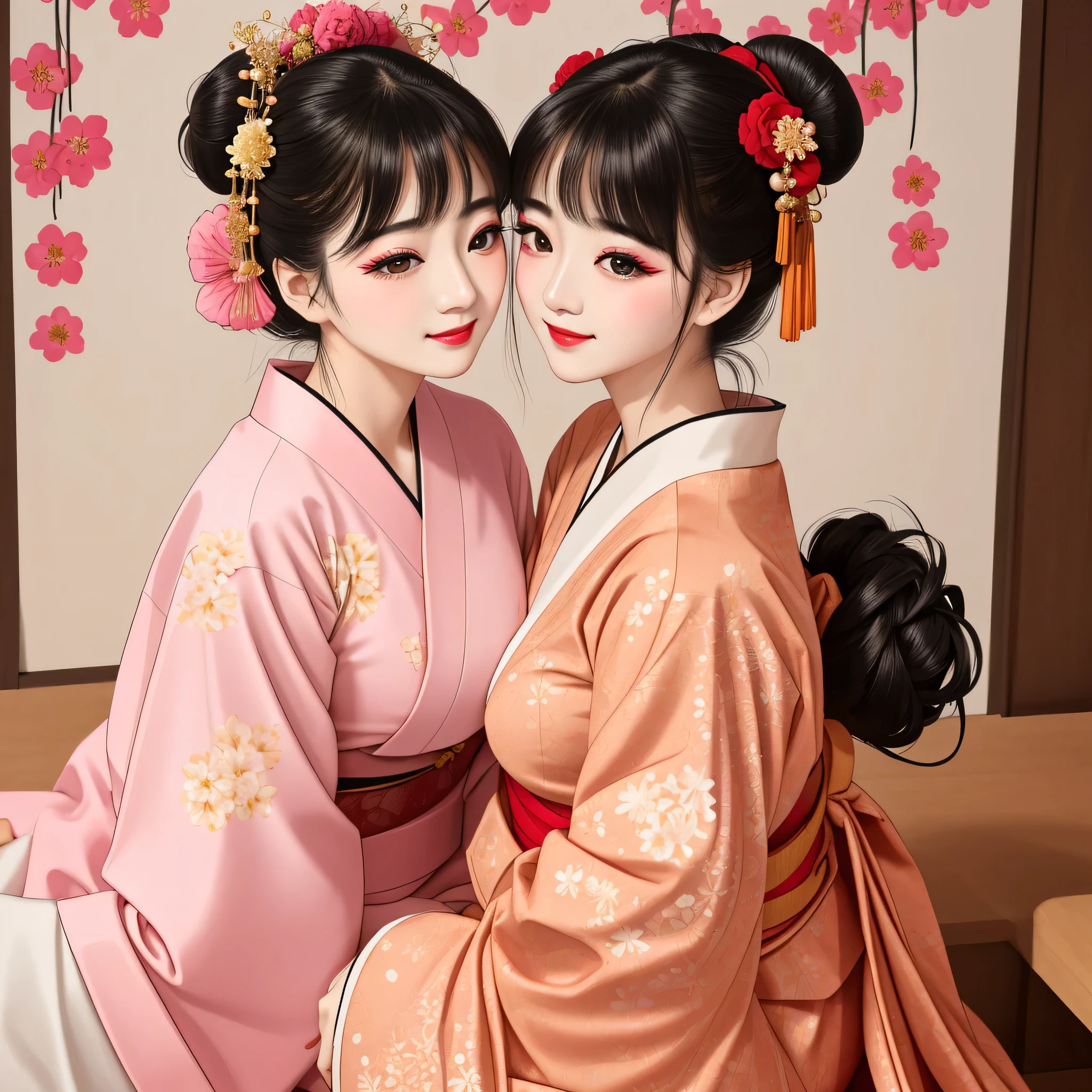 Each has a different expression２People and sisters、(２ girls）、｟Dancing traditional arts with grace)、((Big Breasts、Small Face、Not exposed))、highest quality、masterpiece、（Black Hair、Bun Hair）、Brown Eyes、｟Wide angle、Angle from above the waist、Pause on the magazine cover、Their gazes are different, gazing into the distance｠、(８K High Quality、masterpiece、High resolution、Realistic and beautiful light and shadow、(highest quality)、(High Resolution)、(Very delicate and beautiful)、(Beautiful 8k face)、(With a smile、Beautiful eyes)、(Clear skin)、(Soft hair)、(８Head to Body)、(A Japanese style yukata kimono with red, pink and orange floral patterns on a white background, interspersed with gold powder、Wearing a yukata２Beautiful Japanese girls)、((Tanabata decoration background))、((Small Face))、(arms up)、Thin and small nose、（Red lipstick）、（Make your cheeks red）、（Glossy skin）、((Ink painting style))、Very thin eyebrows、Overall ultra-high image quality、（She is wearing maiko-style makeup.）、Whitening、Long and beautiful eyelashes、Glowing Skin、（Red cheeks）,Straight nose、masterpiece、highest quality、whole body、 Eyebrows visible through hair、Bun Hair、Grin、Gal、Gal、Viewer&#39;s Eyes、Plaid、Stylish、woman、fine、Pause、
Waiting to start 
