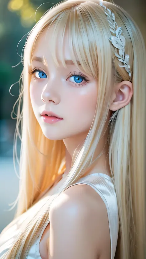 Silky white shiny skin、A very pretty 16 year old face、A very beautiful, natural platinum blonde、Super long straight silky hair、V...