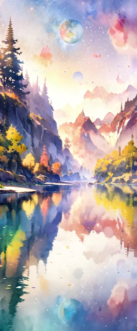 (very beautiful elaborate watercolors:1.5),beautiful nature,beautiful lake\((very elaborate and beautiful galaxy reflected:1.4)\...