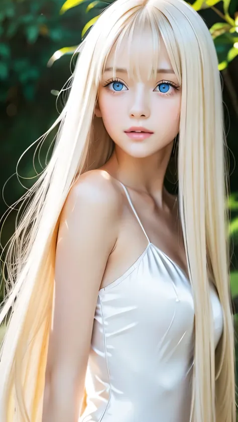 Silky white shiny skin、A very pretty 16 year old face、Natural, very shiny and beautiful platinum blonde、Super long straight silk...