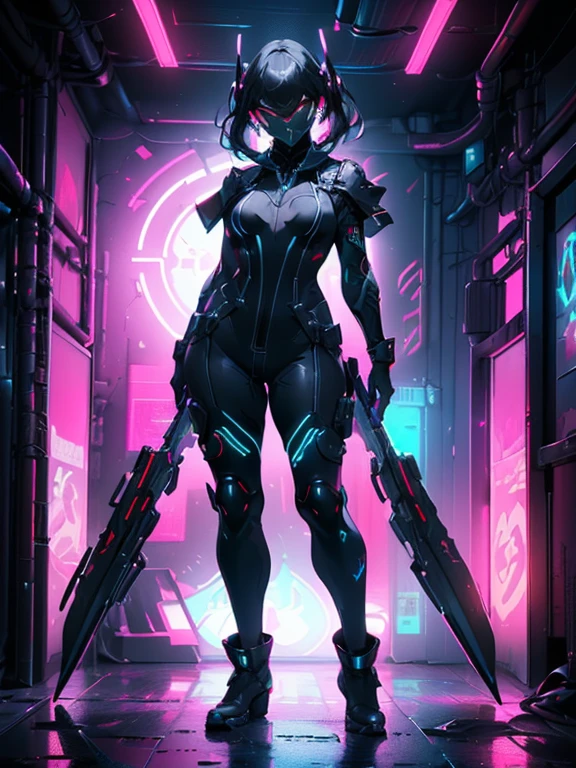 Design a layout showcase Gaming character, (1girl). Black+Silver clothes, sleek and modern, ((showcase weapon:1.4)), laser gun, (masterpiece:1.2), (best quality), 4k, ultra-detailed, (Step by step design, layout art:1.5), (neon lighting, cyber ambiance), cyberpunk, ((tech gloves)), (((revealing jumpsuit:1.3))), tech armor, combat boots, (((full_body_shot:1.4)))
