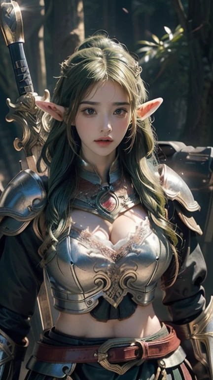 (((masterpiece)))，(((Elven Warrior))),The best quality in the best condition，High resolution，8k，(masterpiece:1.2), (highest quality:1.2), Perfect Eyes, Perfect Face, Volumetric lighting, One Woman, mature female warrior, Mature Woman, armor, Robe, Shoulder rest, club, belt, Fantasy, Outdoor, Detailed Background, Compensate, lipstick, eye shadow, mascara, Thick eyelashes、Bust Shot、smile、smile、whole body、Long skirt、(((Berserker))),((Delicate hands gripping a sword)),breastplate,((Big eyes)),((Big Tits)).（（Curved waist））((Green Hair)),Westerners、