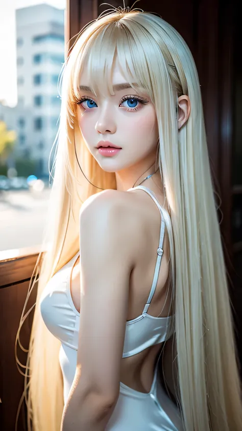 Silky white shiny skin、A very pretty 16 year old face、Natural, very shiny and beautiful platinum blonde、Super long, flowing, str...