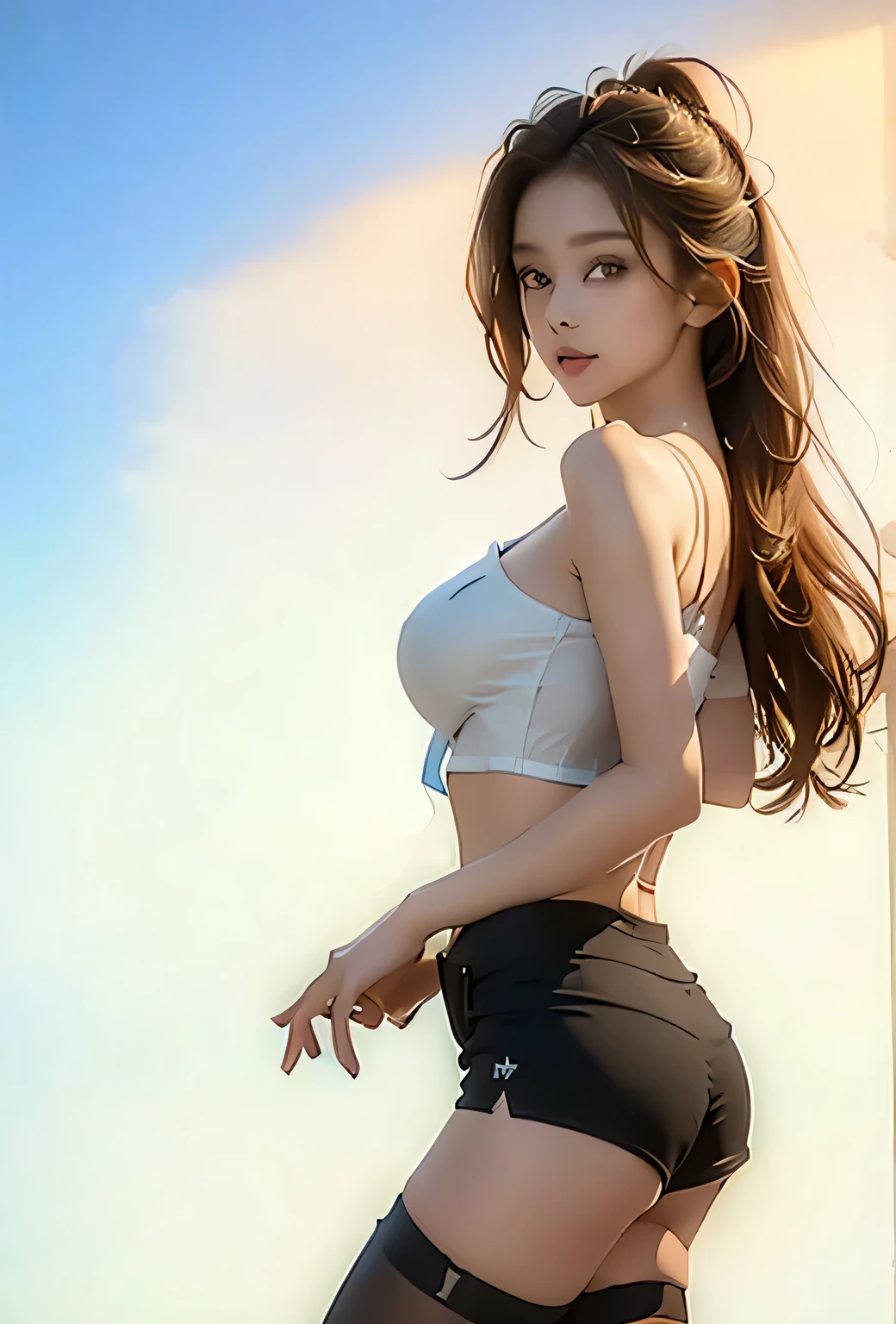 Araffe asian woman in a white top and black shorts posing - SeaArt AI