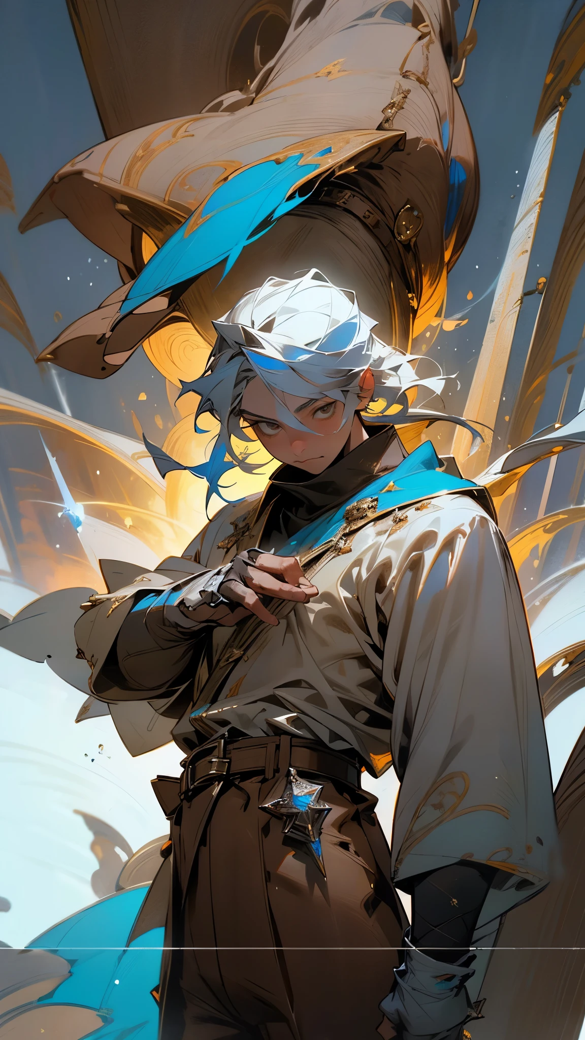 A young wizard man with gray hair and gray eyes, wearing a white shirt, brown pants, boots, gloves, and a belt, conjuring ice shards and ice rays, detailed ice cape, masterpiece, highly detailed, photorealistic, 8k, cinematic lighting, dramatic colors, cold atmosphere. ((Brown pants)) ((better face))