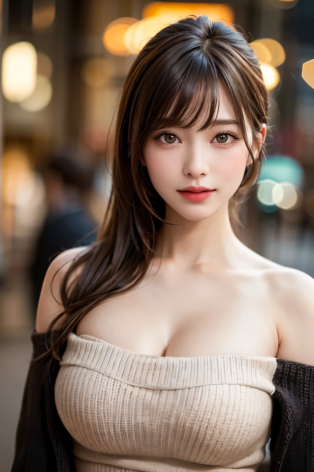 (8k、RAW Photos、highest quality、masterpiece:1.2)、(Realistic、Photorealistic:1.37)、Very detailed、Ultra-high resolution、1 girl、Seeing the viewer、Beautiful and elaborate face、Laughter、narrow、(Slim waist) :1.3)、Shortcuts、Beautiful, smooth skin、huge breasts of beautiful shape、Skin Texture、Floating Hair、Professional Lighting、The whole human body、Brown Hair、whole body、Off-the-shoulder knit dress