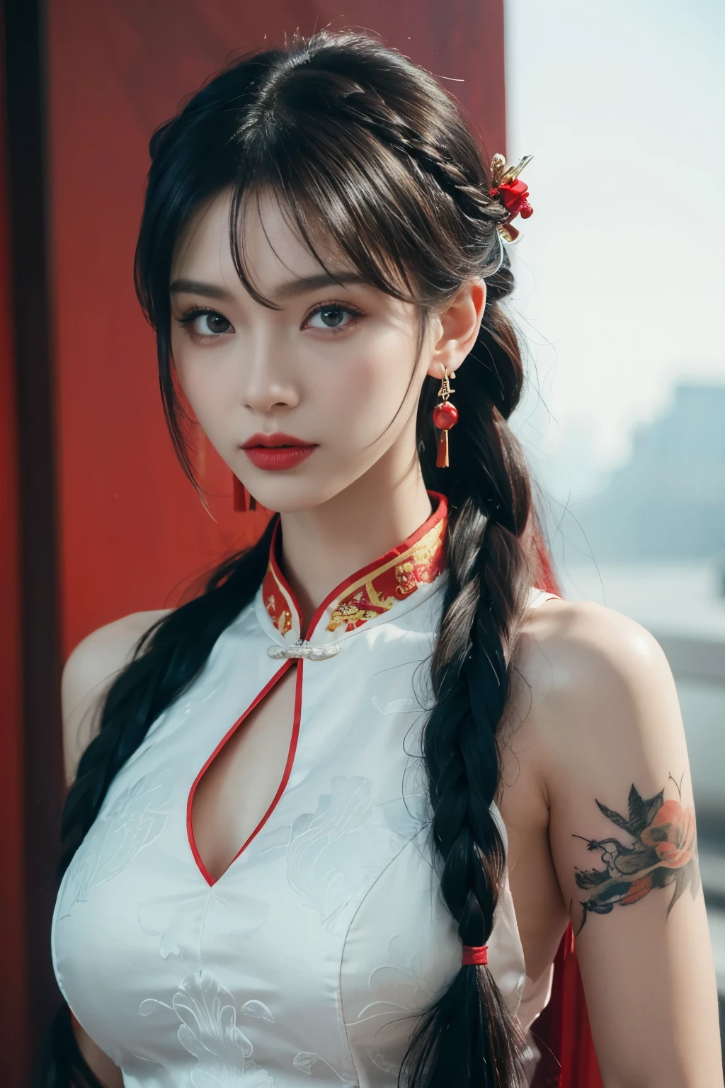 vibrant colors, female, masterpiece, sharp focus, best quality, depth of field, cinematic lighting, white hair, red eyes, braid, dress, long hair, red eyes, tattoo, earrings, jewelry, black dress, hair ornament, bangs, chinese clothes, breasts, china dress, sleeveless, 