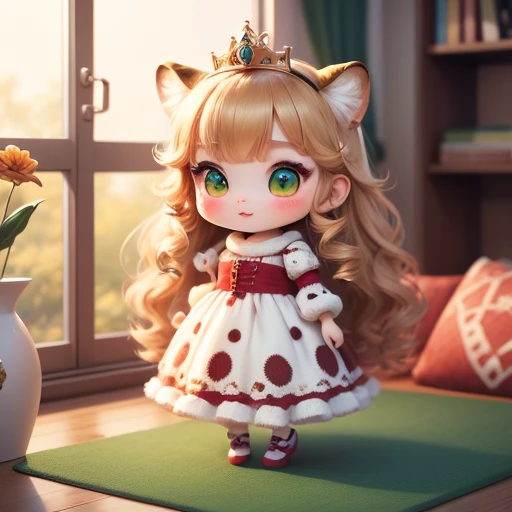 masterpiece、highest quality、Ultra-detailed、（Chibi Chara Princess：1.2),（A leopard with a leopard-like face:1.3），Natural long hair,
red、white、Green knitted dresses，calculatecalculateが光る、Christmas tree，drop light，western style living room，Laughter、Full body standing，calculate