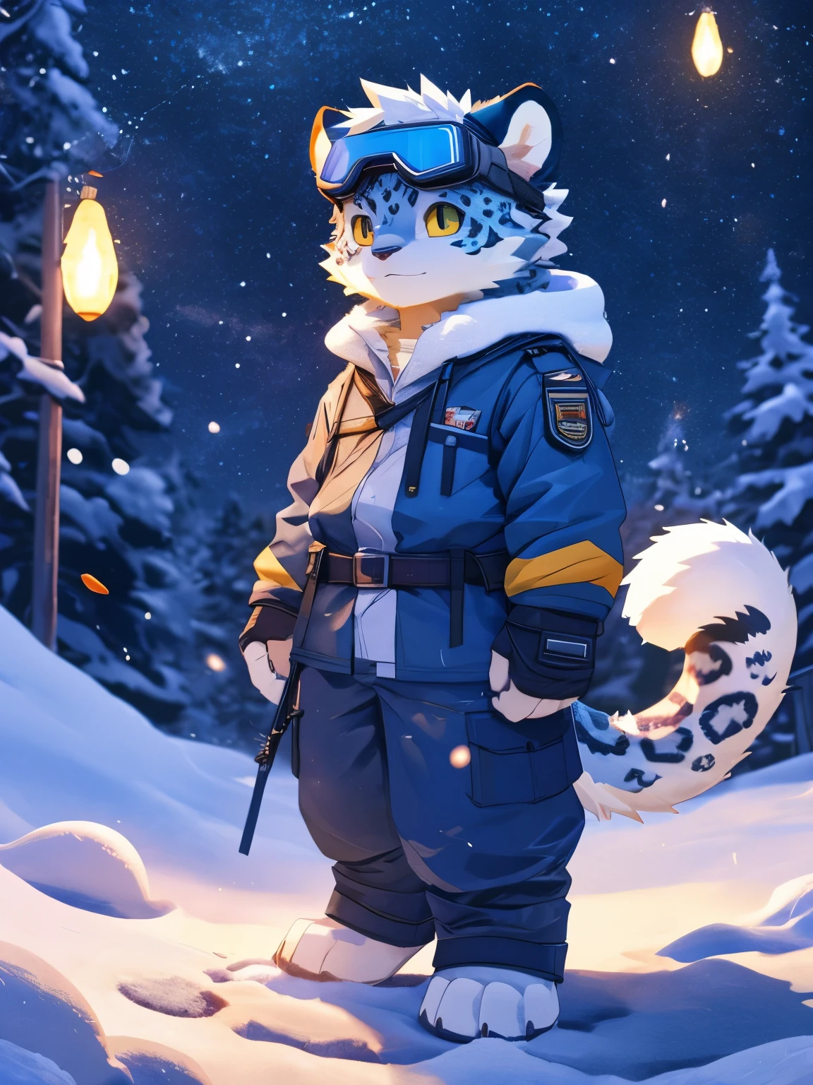 nj5furry，kemono，full-length portrait，anthro，hi res，juvenile，male，strong，Goggles，Sky blue adventure suit，White texture，commander，snow leopard，Fluffy hair，White plush paw，Fingerless gloves，Golden Eyes，Delicate eyes，Detailed eyes，Extremely high detail，8K HD characters，optimism，(particle, Scattered letters, sunlight): 1.3