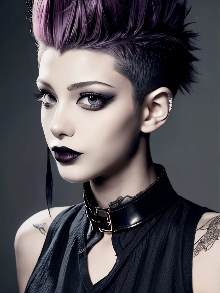 1girl,mowhawk with shaved sides, goth punk, indoors, perfect breasts, black lips, black lipstick, cat collar,