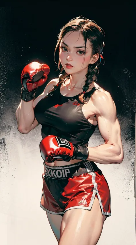 Imagine a powerful kickboxer, standing confidently in a fighting stance, with defined muscles and a determined expression. She h...