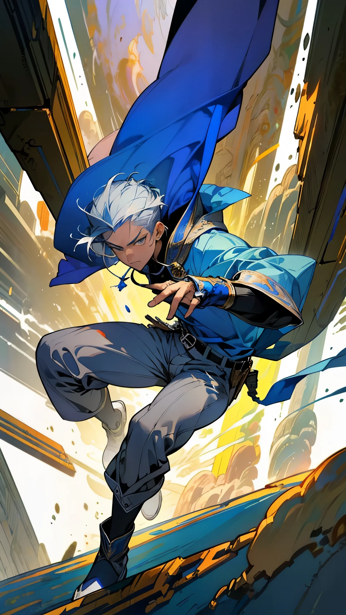 a young man with grey hair and grey eyes, wearing a ice hooded cape, a blue shirt, beige pants, gloves, a belt, and boots, masculine pose, figther expression, colorful smoky background, magical smoke, psychedelic colors