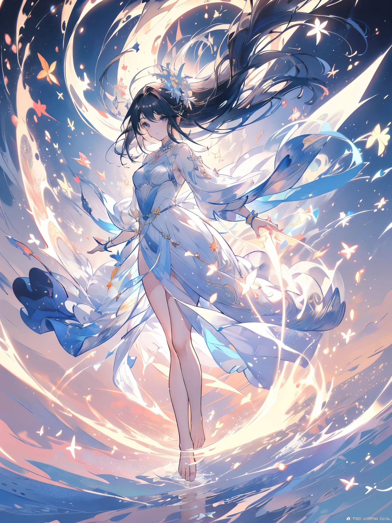work of art, a beautiful goddess of the void, full body white transparent clothes under empty night stars, disappearing transparent bands, full body standing, tall figure, fine legs, thick coxas, bountiful breasts, detalhes faciais, detailed body part details, 8 k wallpaper, (((long white hair in smooth movements, bare feet, floating as if not touching the ground)))