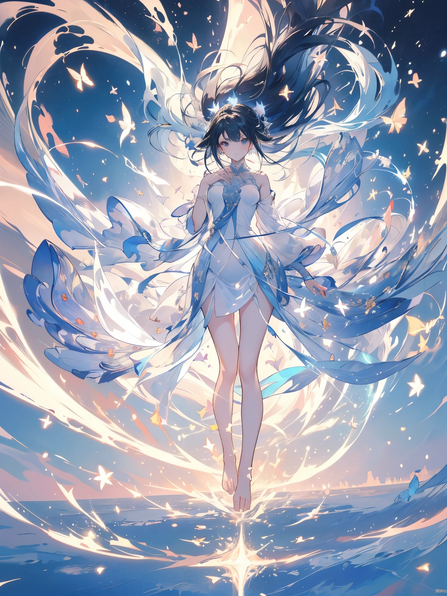 work of art, a beautiful goddess of the void, full body white transparent clothes under empty night stars, disappearing transparent bands, full body standing, tall figure, fine legs, thick coxas, bountiful breasts, detalhes faciais, detailed body part details, 8 k wallpaper, (((long white hair in smooth movements, bare feet, floating as if not touching the ground)))