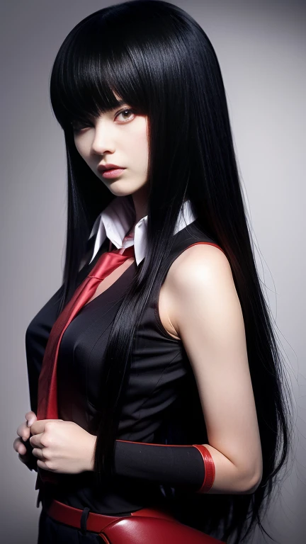 pretty, young, girl, long hair, black hair, (((red eyes))), bangs, (dark shirt), sleeveless, white collar, red tie, small breast, black gloves, black skirt, upper body, white skin, 18 year old, beauty, 1 girl, slender, extremely beautiful face, exquisite face, intimidating look