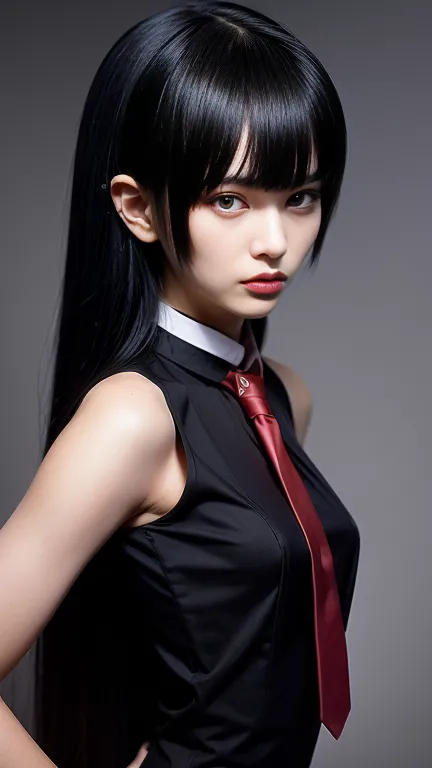 pretty, young, girl, long hair, black hair, (((red eyes))), bangs, (dark shirt), sleeveless, white collar, red tie, small breast...