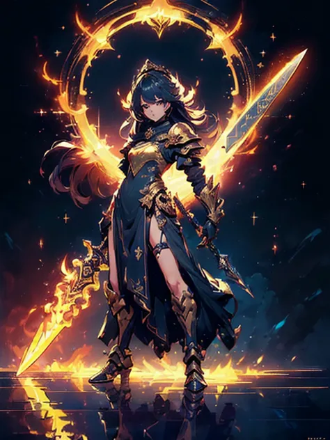 design a layout showcase gaming character, (1girl). golden+purle clothes, stylish and unique, ((showcase weapon:1.4)), magic sta...