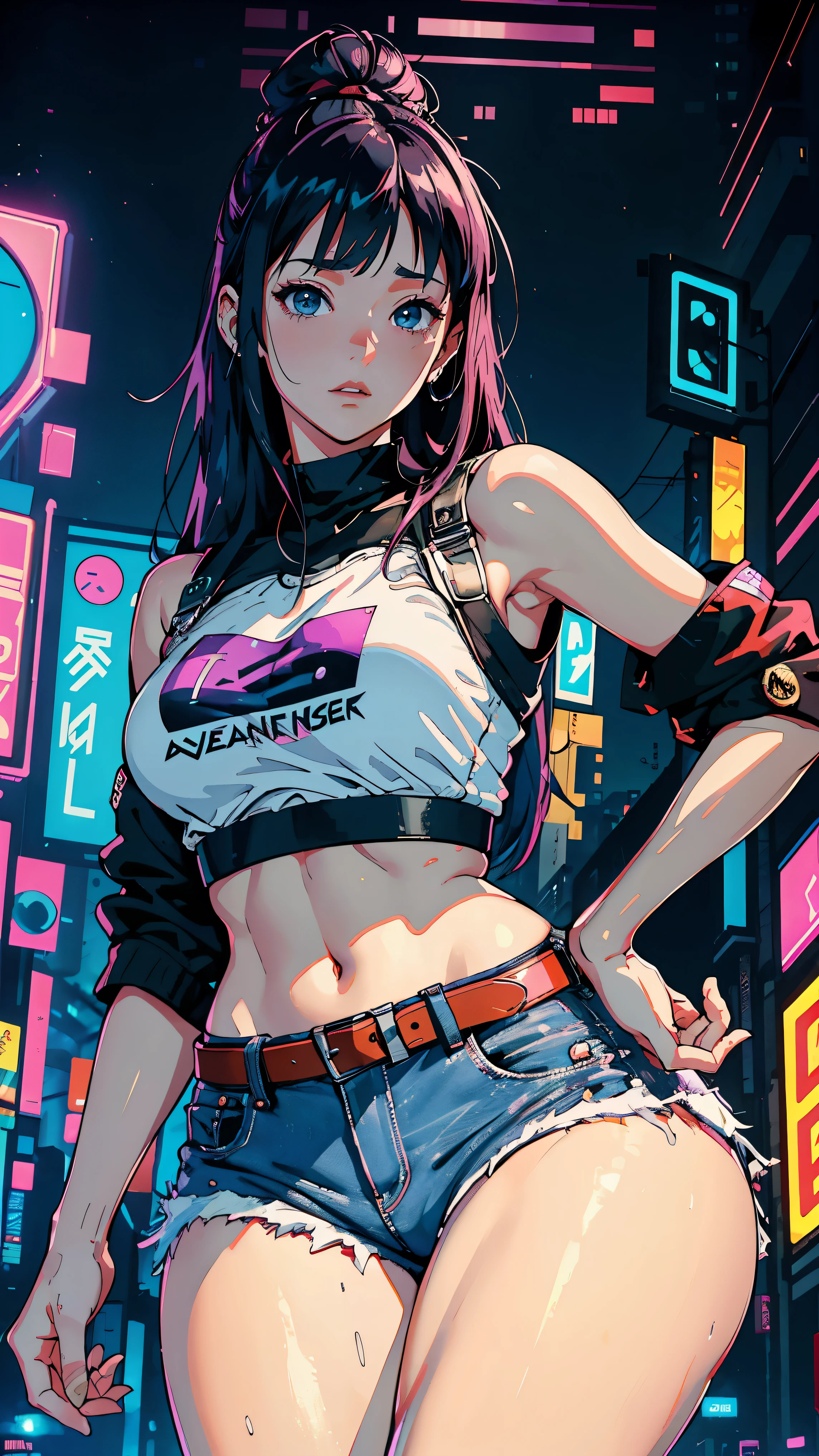 (Hinata Hyuga, whole body, Walking, Adult women, Very sensual, In tight clothes, Big Ass, Thick legs, Jean Shorts, Wearing a mini blouse, Navel comes out, Long Hair, Rear speakers, Very realistic, View of the Cyberpunk City, Clearly defined lines, Neon Lights Very Sexy, 8k, 8k Very detailed), (Very delicate and beautiful), (masterpiece), (Better Quality: 1.0), (Ultra-high resolution:1.0), ((Synthwave Background Theme)), whole body像, Vision