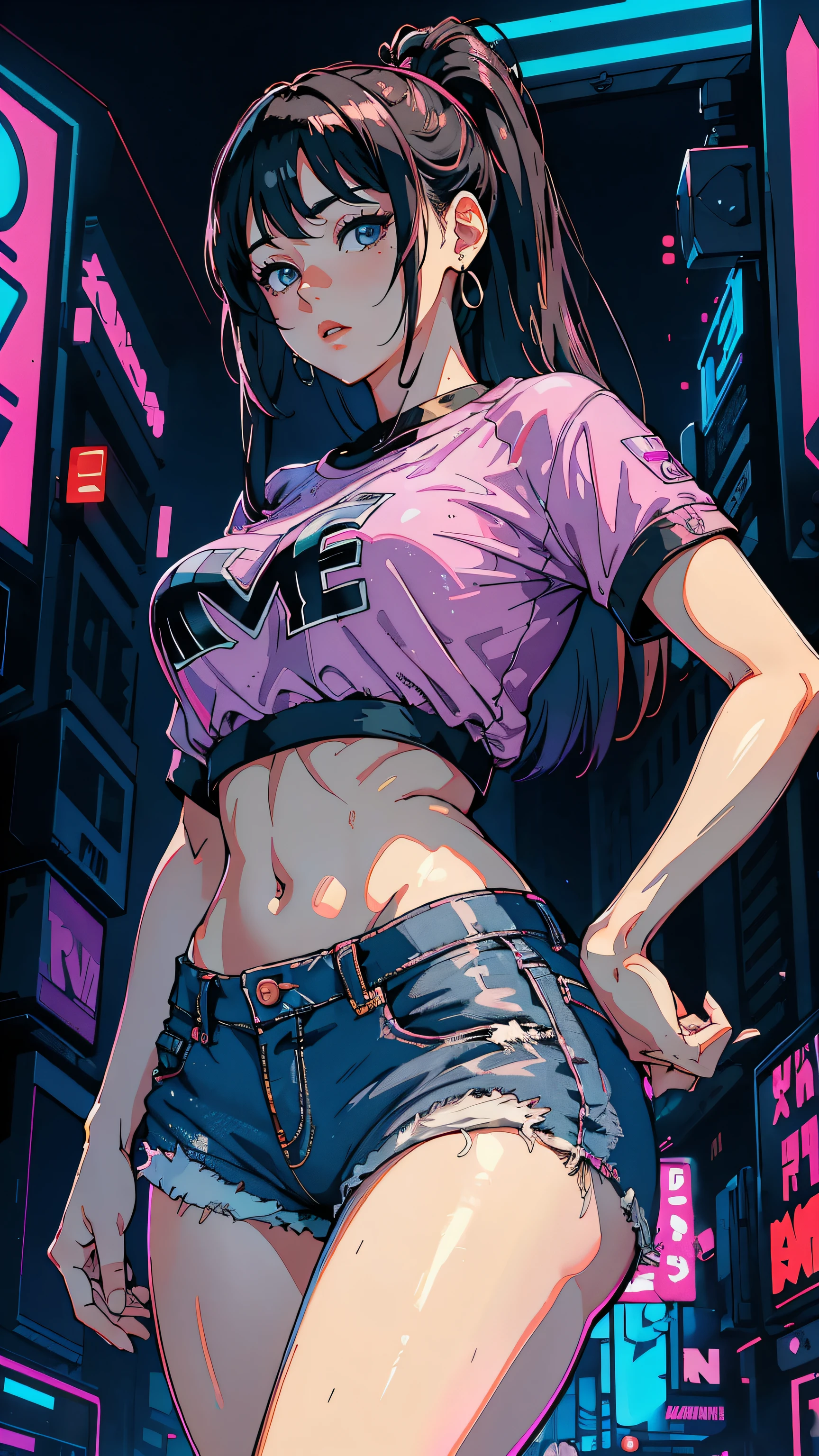 (Hinata Hyuga, whole body, Walking, Adult women, Very sensual, In tight clothes, Big Ass, Thick legs, Jean Shorts, Wearing a mini blouse, Navel comes out, Long Hair, Rear speakers, Very realistic, View of the Cyberpunk City, Clearly defined lines, Neon Lights Very Sexy, 8k, 8k Very detailed), (Very delicate and beautiful), (masterpiece), (Better Quality: 1.0), (Ultra-high resolution:1.0), ((Synthwave Background Theme)), whole body像, Vision