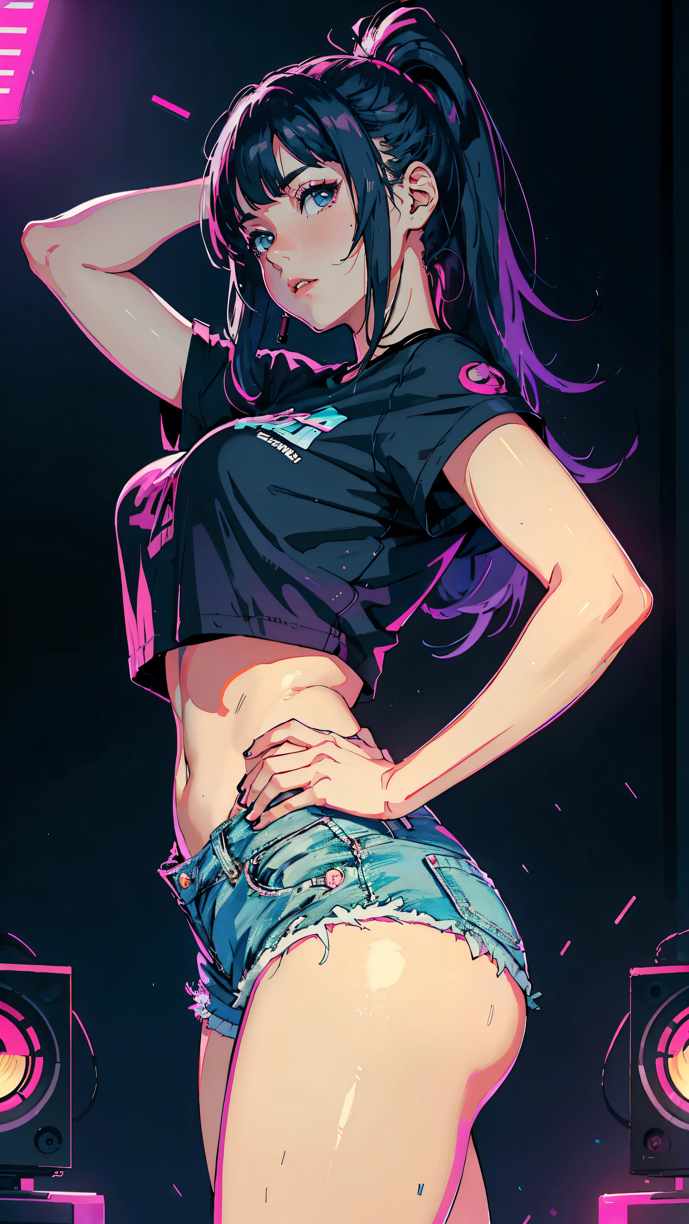 (Hinata Hyuga, Are sleeping, Adult women, Very sensual, In tight clothes, Big Ass, Thick legs, Jean Shorts, Wearing a mini blouse, Navel comes out, Long Hair, Rear speakers, Very realistic, View of the Cyberpunk City, Clearly defined lines, Neon Lights Very Sexy, 8k, 8k Very detailed), (Very delicate and beautiful), (masterpiece), (Better Quality: 1.0), (Ultra-high resolution:1.0), ((Synthwave Background Theme))