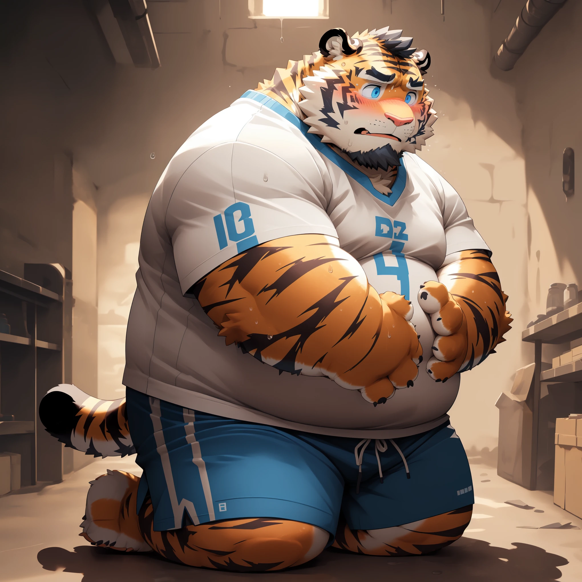 A close up of a cartoon tiger in a uniform sitting on the ground - SeaArt AI