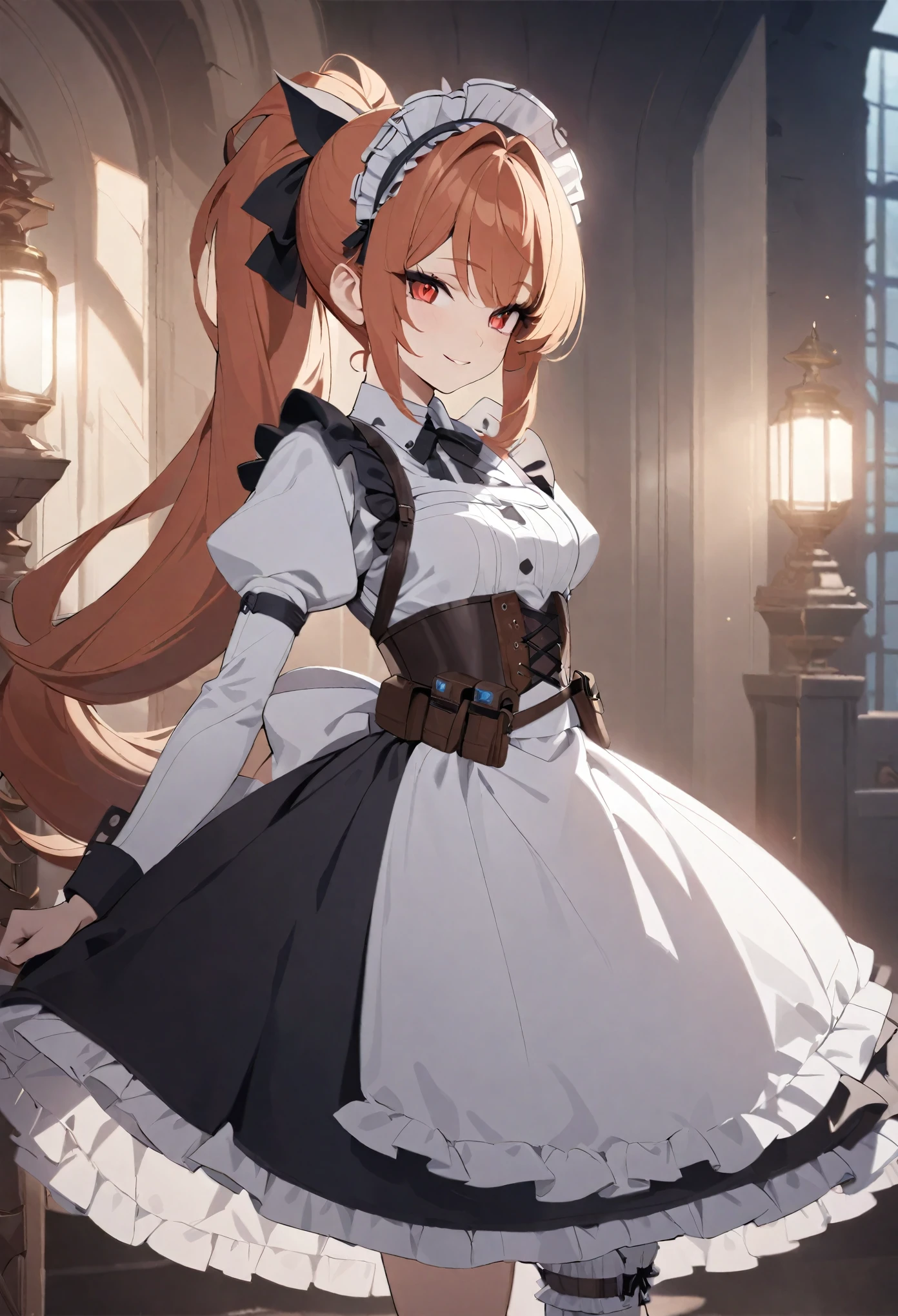 (best quality,4k,8k,highres,masterpiece:1.2),ultra-detailed, (1girl) A cute teenage bodyguard maid with red eyes, drawn in anime style, spiky ginger hair in a long ponytail, victorian fashion, wearing a cute black maid dress with puffy sleeves, corset, tactical gear, light armour, petticoat, bloomers, a frilly headband, a frilly white apron, high-heel boots, ribbons, gun holster, steampunk style, girlish smile, feminine and elegant posture, waiting in a castle hallway, extremely detailed eyes and face,long eyelashes,volumetric lighting,cinematic lighting,protective posture,dramatic close up,highly detailed texture,intricate details.