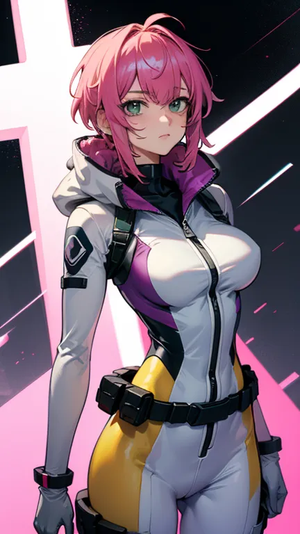 masterpiece, best quality, 1girl, short hair, drill hair, pink platinum hair, yellow space suit, white collar, gray gloves, slen...