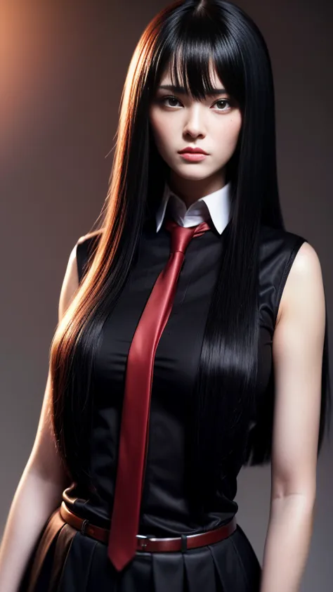 pretty, young, girl, long hair, black hair, (((red eyes))), bangs, (dark shirt), sleeveless, white collar, red tie, small breast...