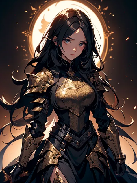 Design a layout showcase Gaming character, (1girl). Black+Gold clothes, opulent and dark, ((showcase weapon:1.4)), cursed blade,...