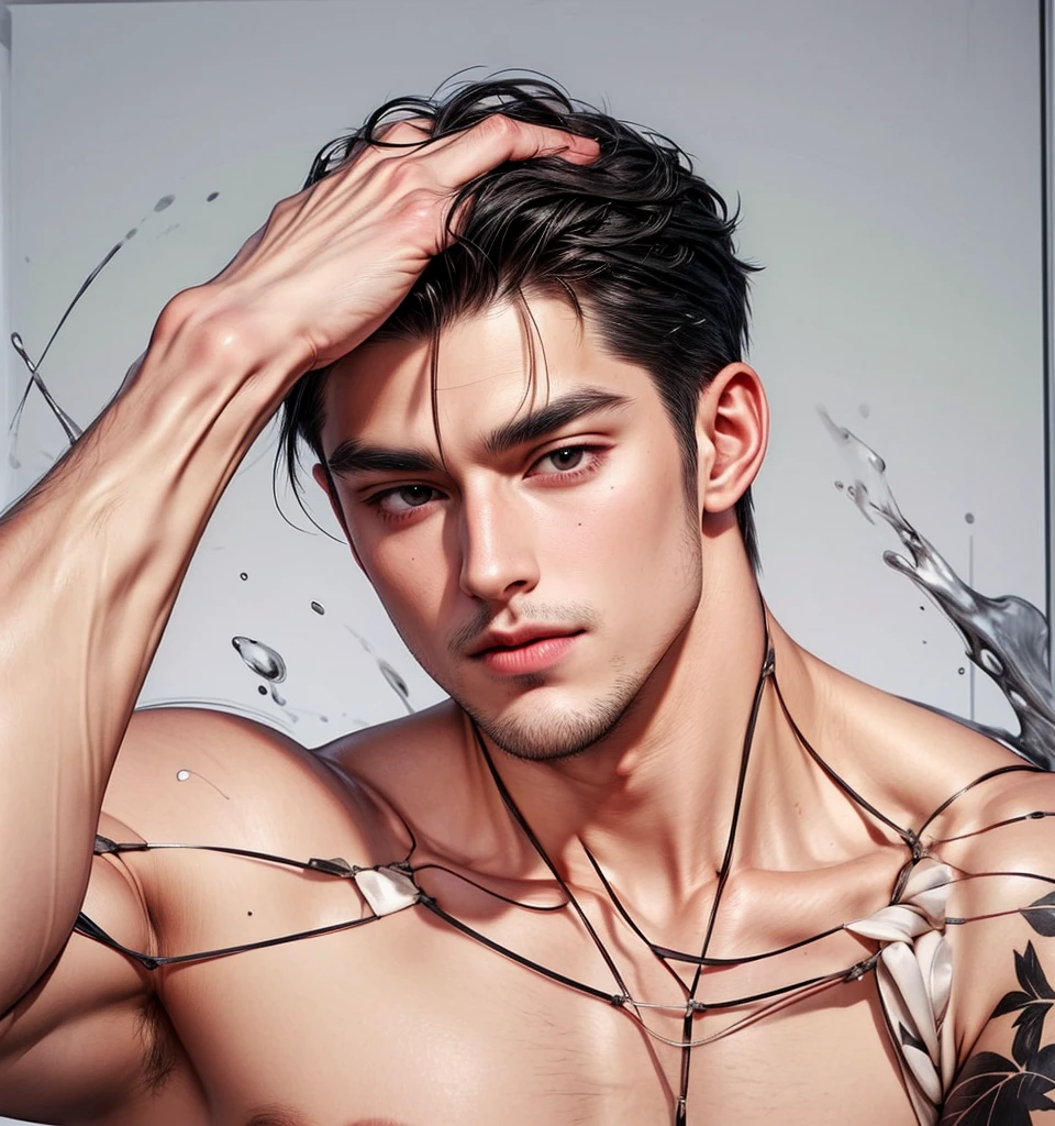 Masterpiece of man, Adult man with firm facial features like an Dutch, black eye, his nose is sharp, mature, black eyes, neat short balck hair, very handsome, white, clean, smooth skin, muscle body realistic, naked torso,