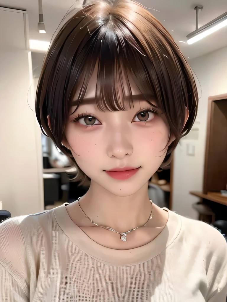 (highest quality:1.4)、(masterpiece:1.4)、RAW Photos、8k、((Best image quality))、 ((High resolution))、Beautiful face in every detail、Realistic human skin、Gentle expression、(One Woman:1.3 )、Realistic、Photorealistic、(short hair:1.4)、(Beautiful woman)、(Cute Japanese Girl)、(boyish:1.3)、(mannish)、((Beautiful woman))、(Beautiful Hair)、((Dark brown hair))、(((Red cheeks)))、(Her eyes are big:1.3)、20 year old beauty、(Her face is small:1.5)、Small Head、((Long neck))、Pale skin、Immaculate skin、With bangs、Everyone longs for、Beautiful woman in Japan、((eight-headed body))、(necklace)、(Beauty Salon)、(Haircut Model)、smile、Happy expression、(She has a lot of fans:1.4)、((Young women respect her))、Charismatic Model、(She has a lot of fans:1.4)、enjoy、(Blushing)、(Putting on makeup)、Hair set