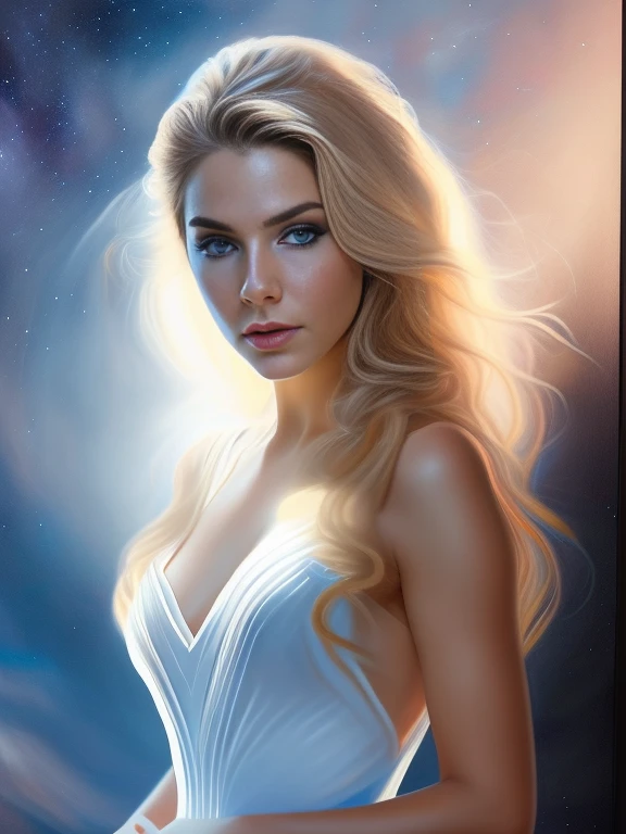 high weist image of  young blonde beautiful girl pose to camera that  resilience, and beauty. Feyre's portrait should frame her face, allowing her captivating features to take center stage. full waist up pose , upper knees pose ,Start with her  blue eyes, the windows to her soul. They are vibrant and expressive, reflecting a depth of emotions accumulated through her journey.  full waist up pose , upper knees pose ,Her strong jawline and high cheekbones reveal her determination and resilience, while her soft, full lips convey her capacity for love and compassion. Her long blonde, flowing hair should cascade around her shoulders, in light blue shimmery (fantasy dress)(star in background in night) 