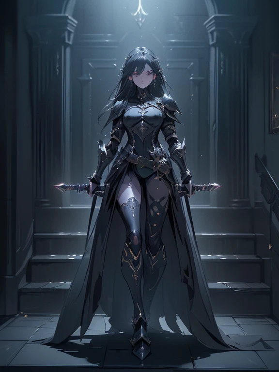 Design a layout showcase Gaming character, (1girl). Black+Gold clothes, opulent and dark, ((showcase weapon:1.4)), cursed blade, (masterpiece:1.2), (best quality), 4k, ultra-detailed, (Step by step design, layout art:1.5), (gloomy lighting, cursed atmosphere), dark knight, ((cursed gloves)), (((revealing armor:1.3))), dark vambraces, cursed boots, (((full_body_shot:1.4)))