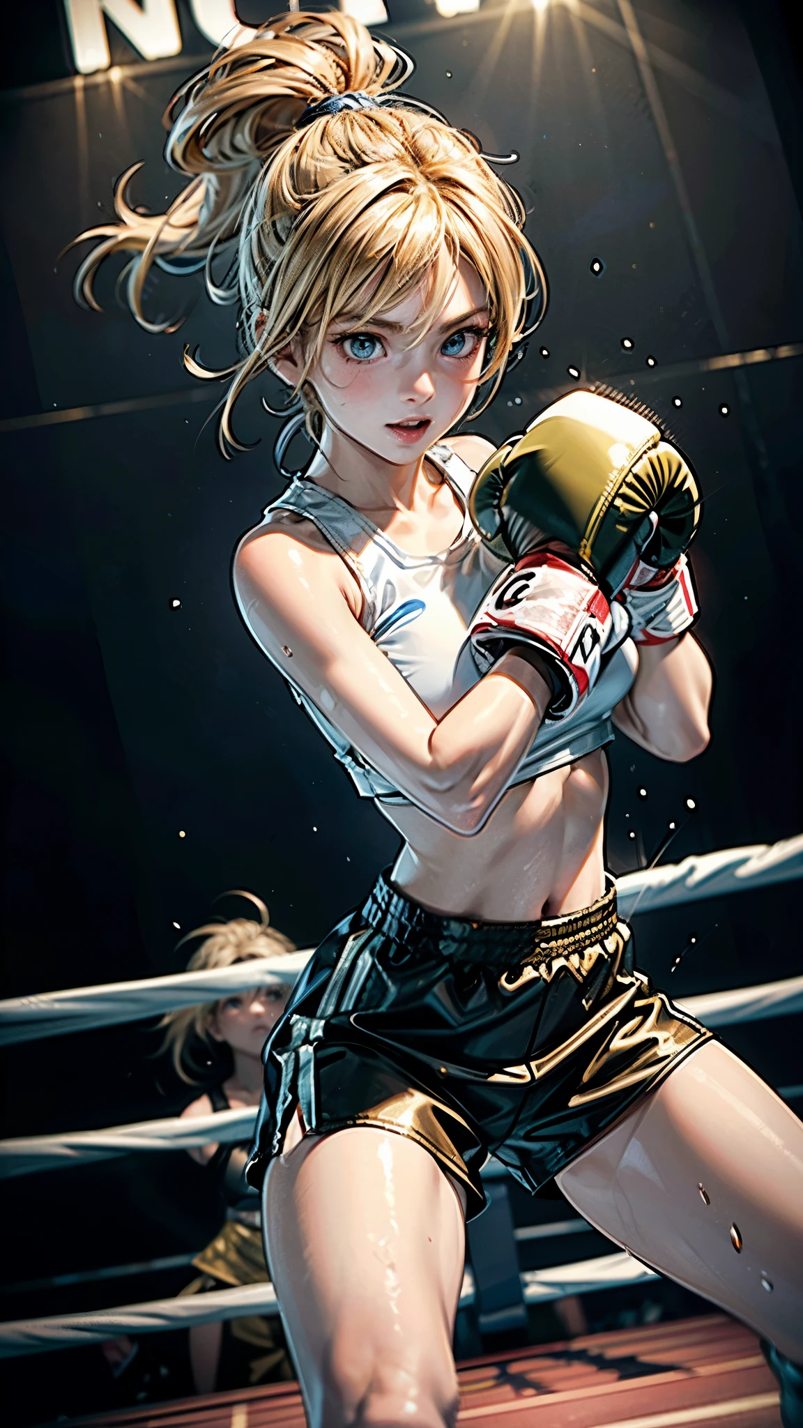 8k wallpaper of extremely detailed CG unit, ​masterpiece, hight resolution, top-quality, top-quality real texture skin,hyper realisitic, digitial painting,increase the resolution,RAW photosbest qualtiy,highly detailed,the wallpaper,two teen women,two teen women are hard pancing each other at boxing fight,1woman,teen,cute,kawaii,hair floating,messy hair,blonde hair,messy hair,pony tail hair,skin color white,eye color blue,eyes shining,big eyes,breast,sports wear,super big smile,(boxing gloves:1.6),(dynamic pose:1.4),(dynamic angle:1.8),sweat,boxing wounds on face,dirty,(gold trophy and champion belt:1.2),she is a winner of a match, BREAK ,(motion blur),boxing ring,1boxing referee,1trainer,audiences,[nsfw:2.0],